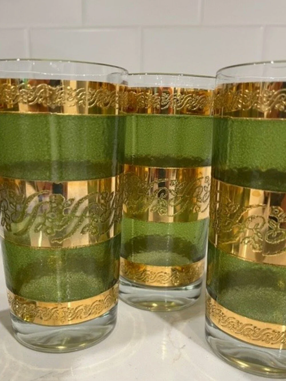 Vintage‎ MCM Starlyte Green & 22k Gold Scroll Highball Glasses - Set of 6 EUC